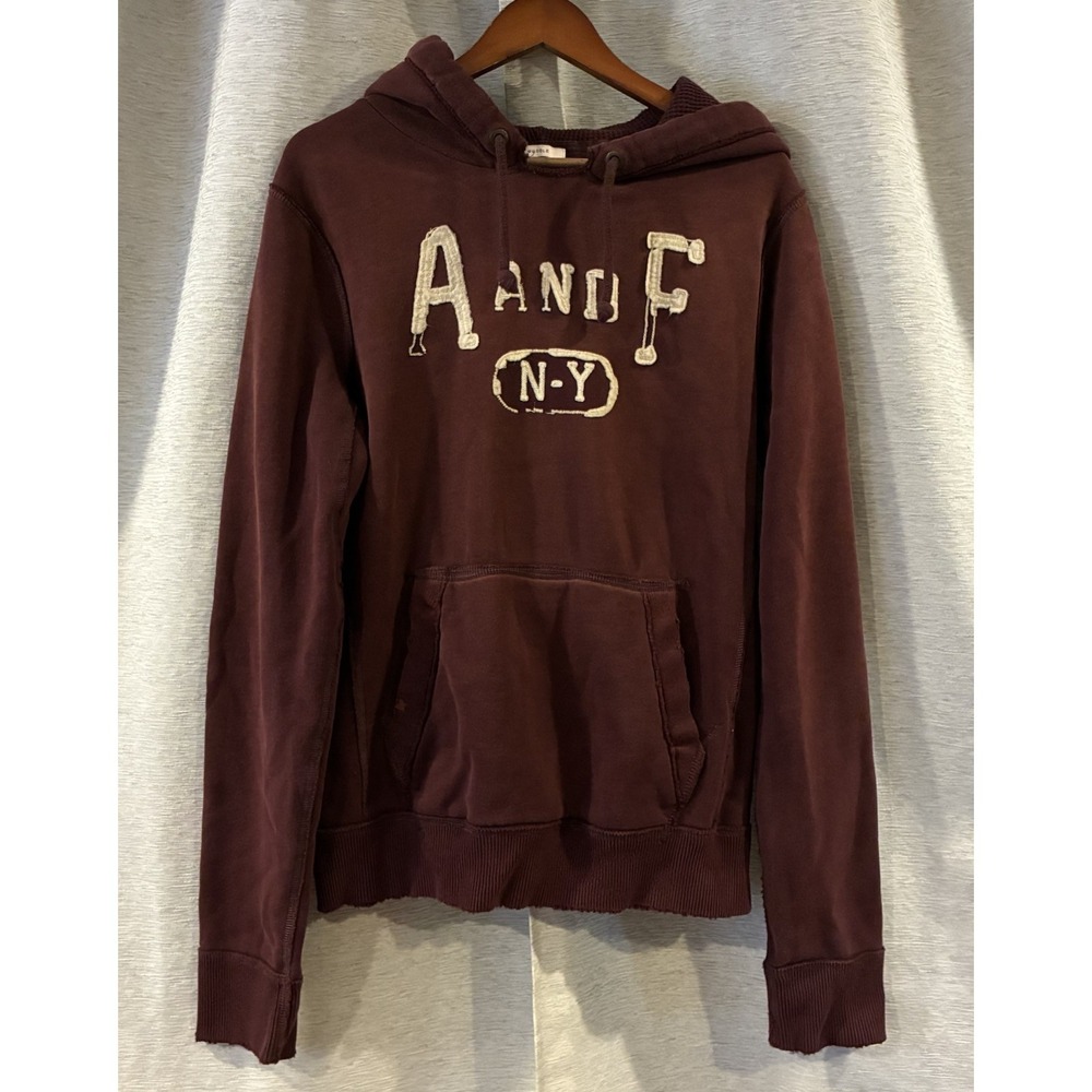 VTG Abercrombie & Fitch Hoodie Men L Maroon Distressed Y2K Preppy Pullover Heavy